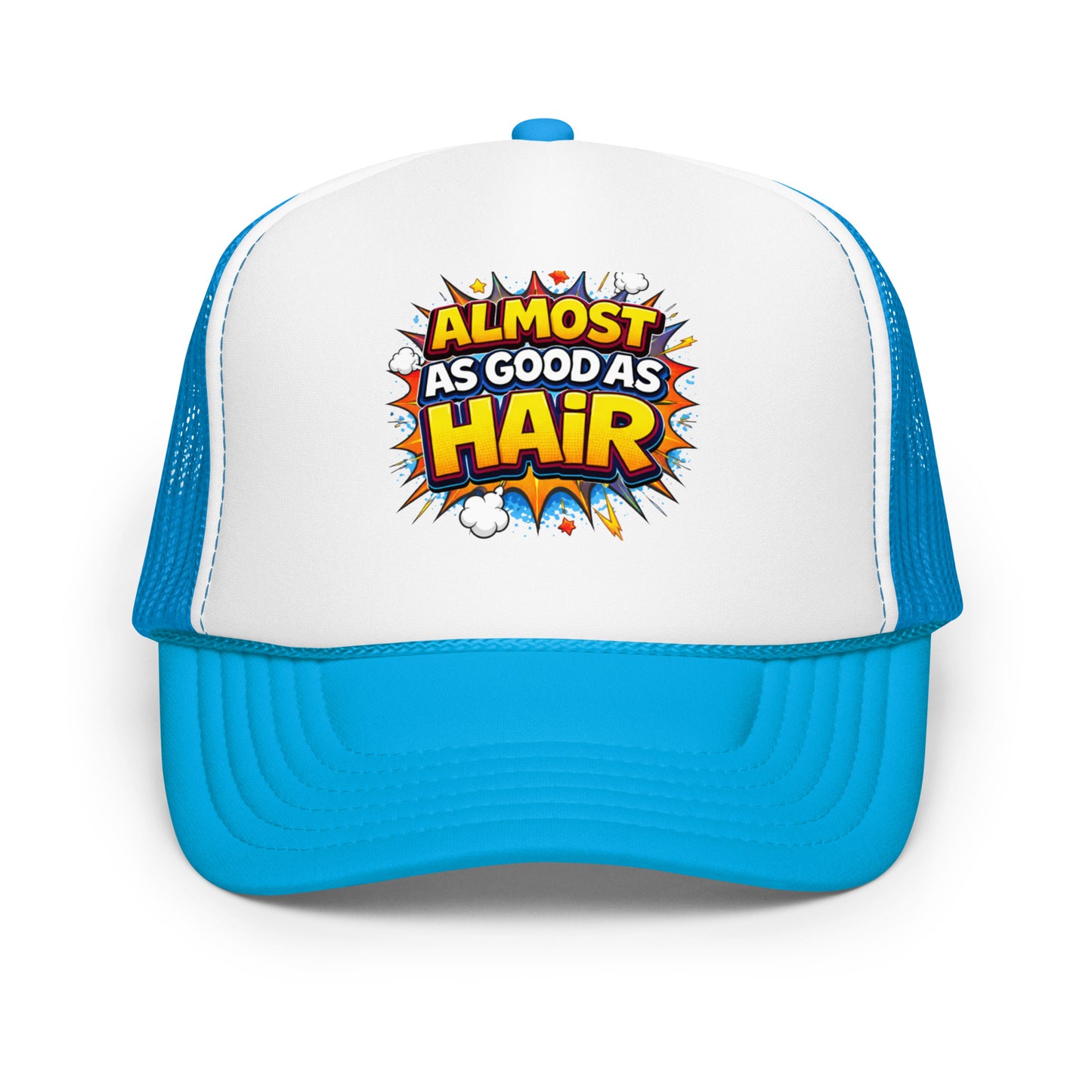 Product mockup humorous hat in white and blue trim front view