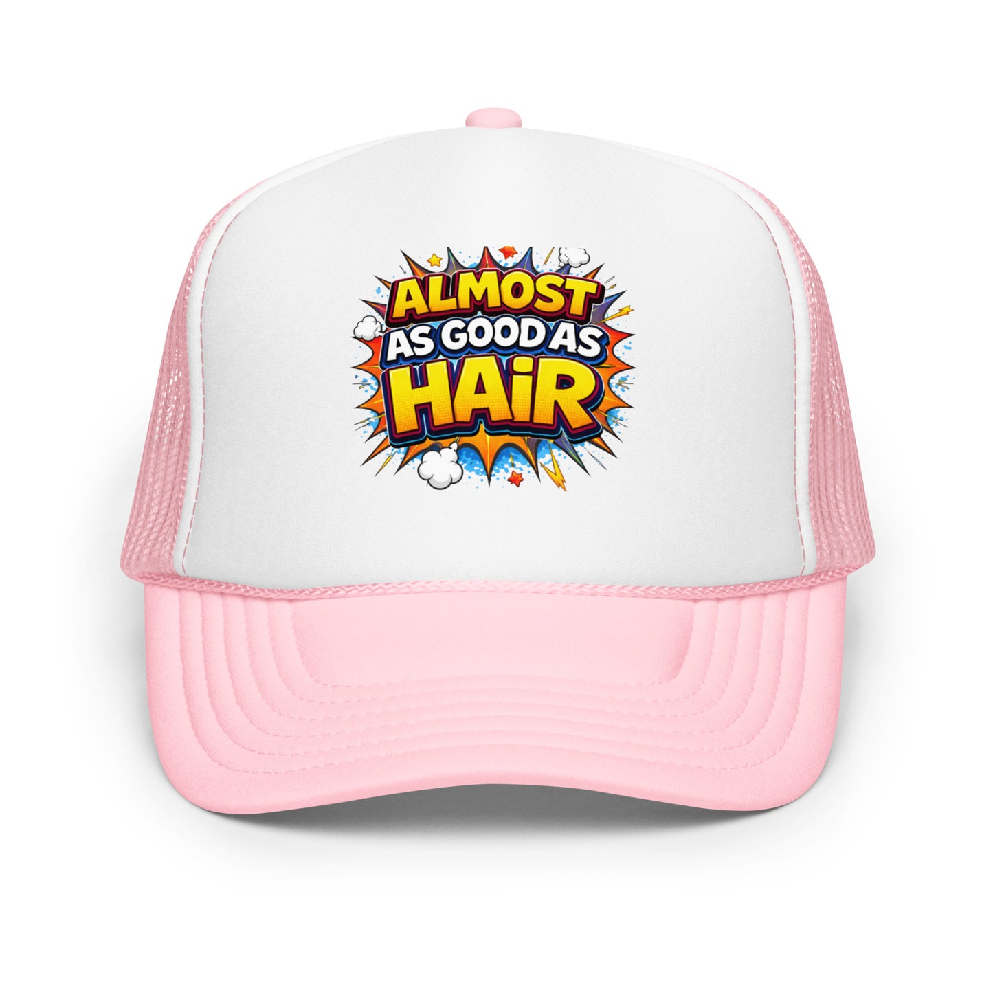 Product mockup funny light pink and white trim hat showing front view 