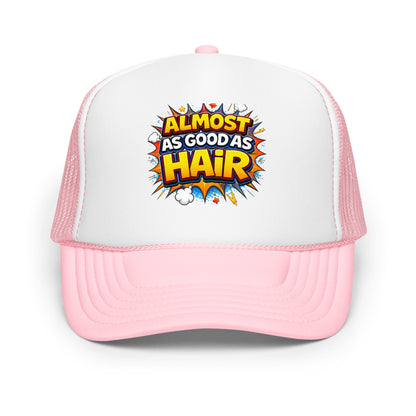 Product mockup funny light pink and white trim hat showing front view 