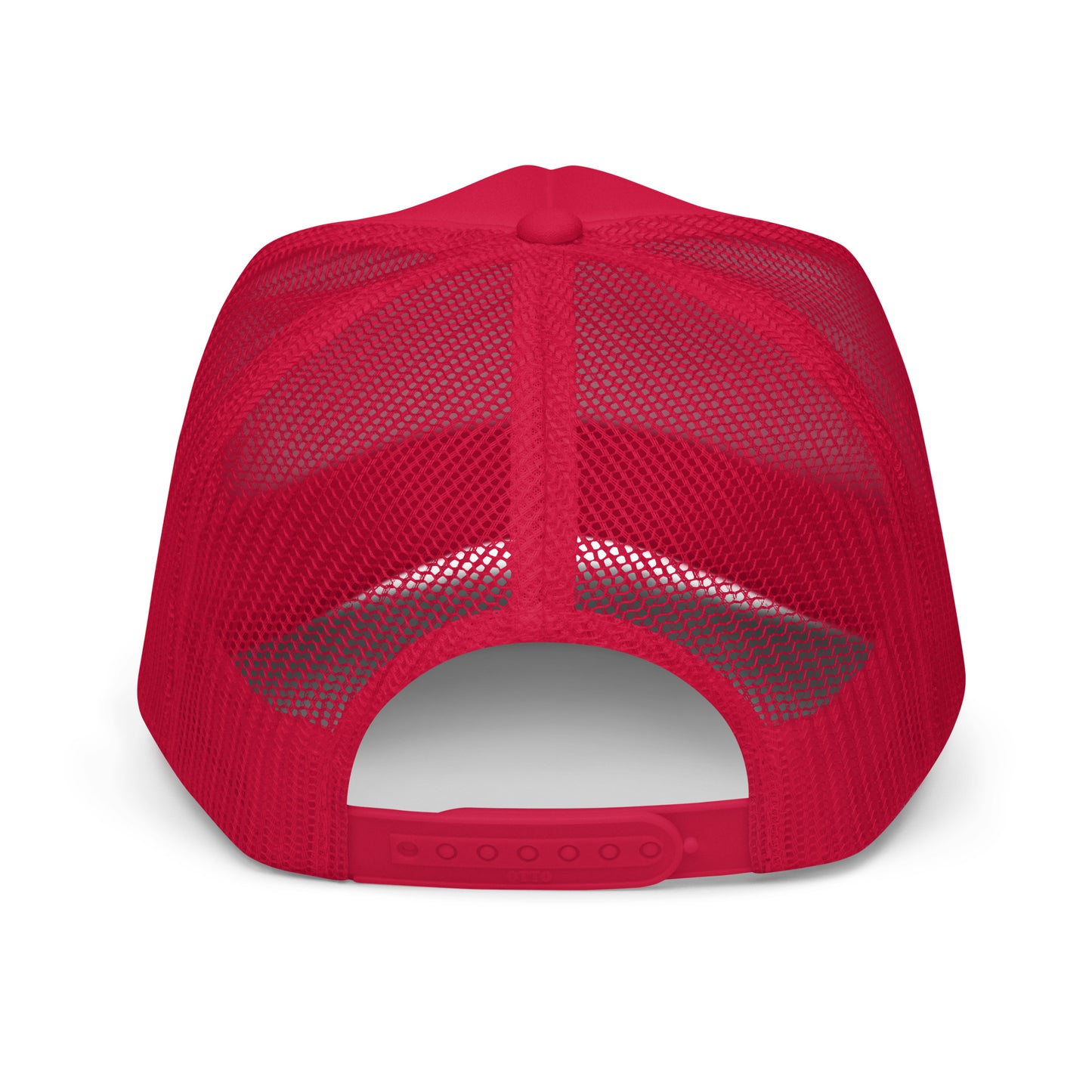 Product mockup red trim hat back view funny