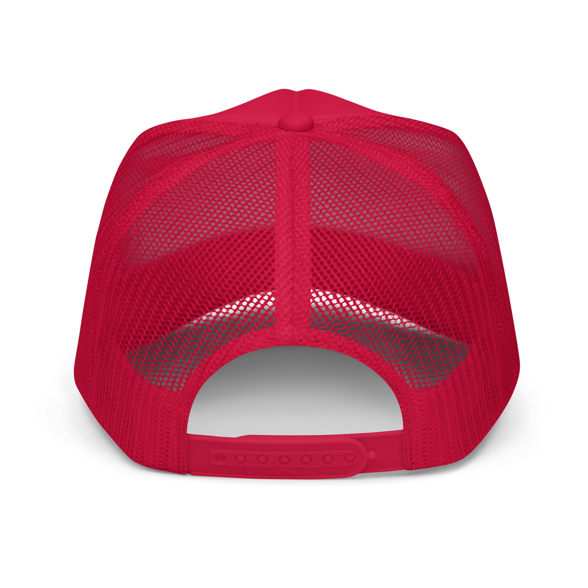Product mockup red trim hat back view funny