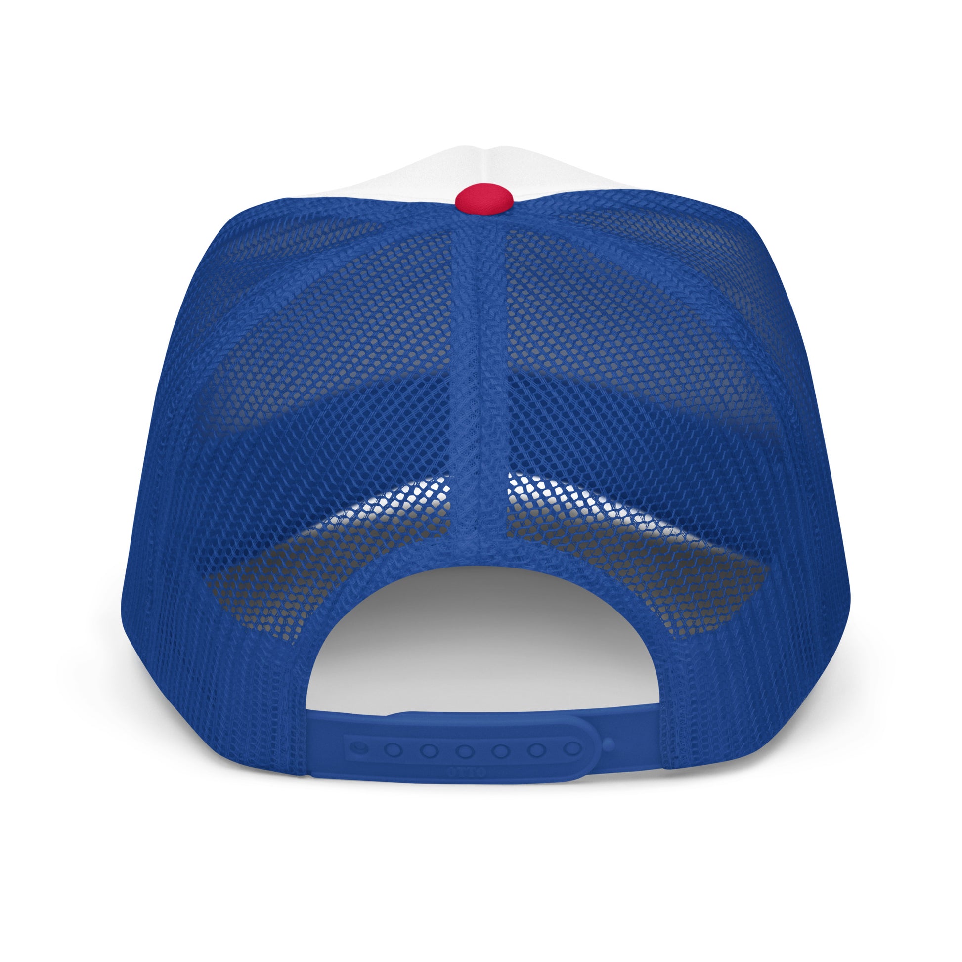 Product mockup funny red white and blue trim hat back view