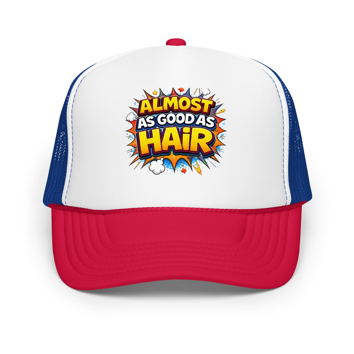 Product mockup funny red white and blue trim hat shown front view