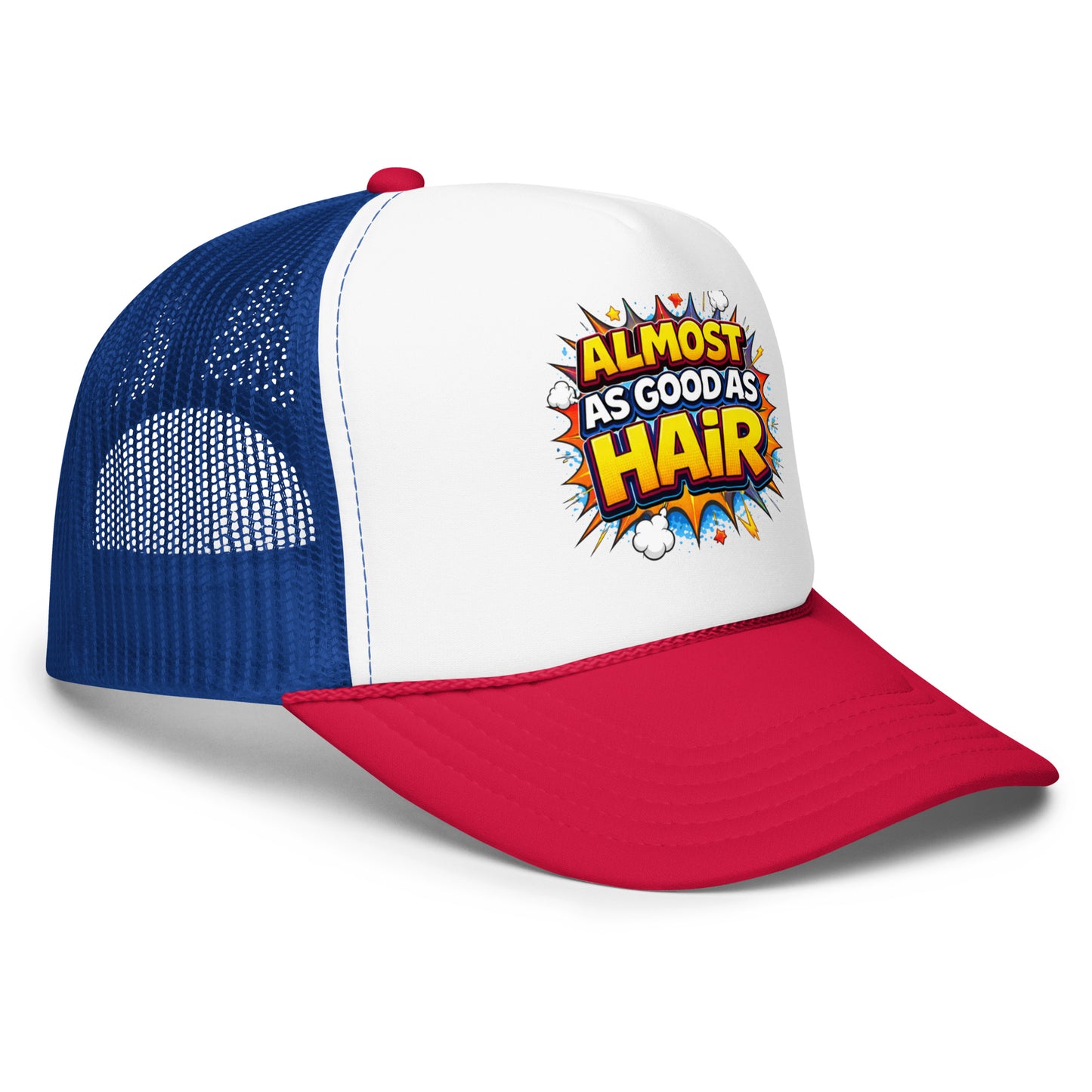 Product mockup funny red-white and blue trim hat right side view