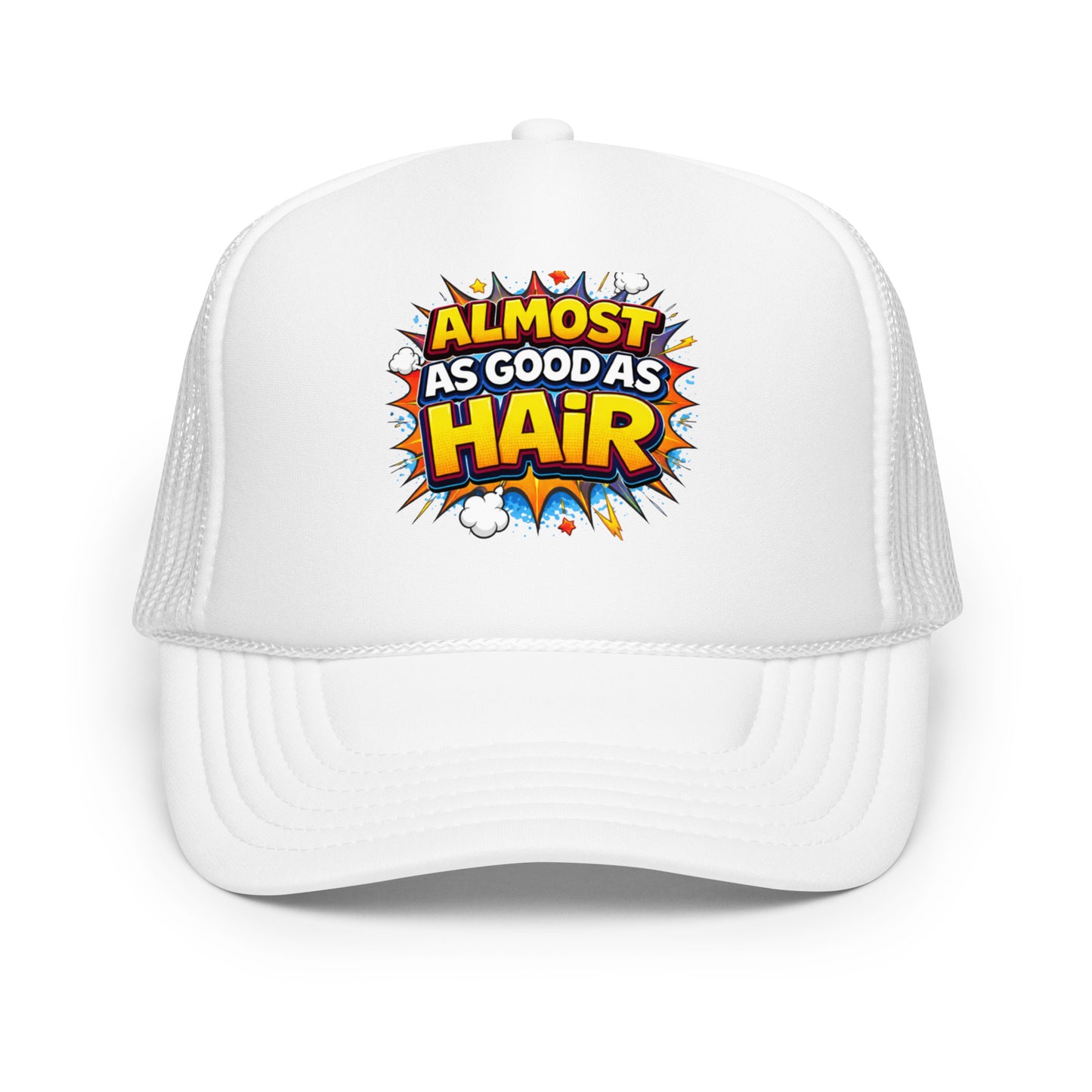 Product mockup humorous white hat front view shown 